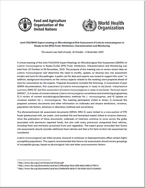 Joint FAO/WHO Expert meeting on Microbiological Risk Assessment of Listeria monocytogenes in 
Ready-to-Eat (RTE) Food: Attribution, Characterization and Monitoring