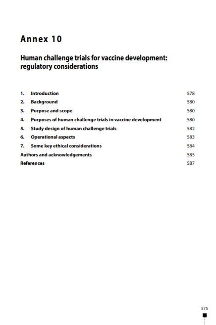Human challenge trials for vaccine development: regulatory considerations, Annex 10, TRS No 1004