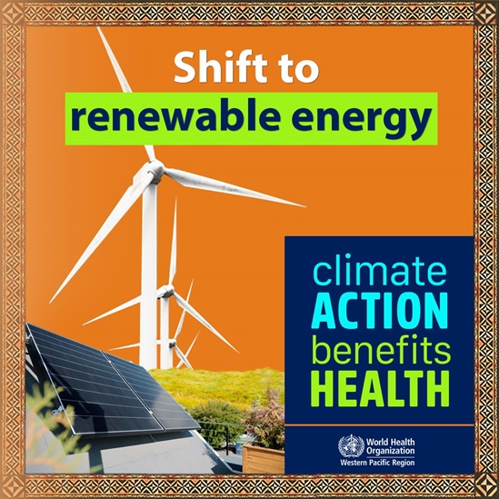 Sustainable energy graphic with windmills and solar panels